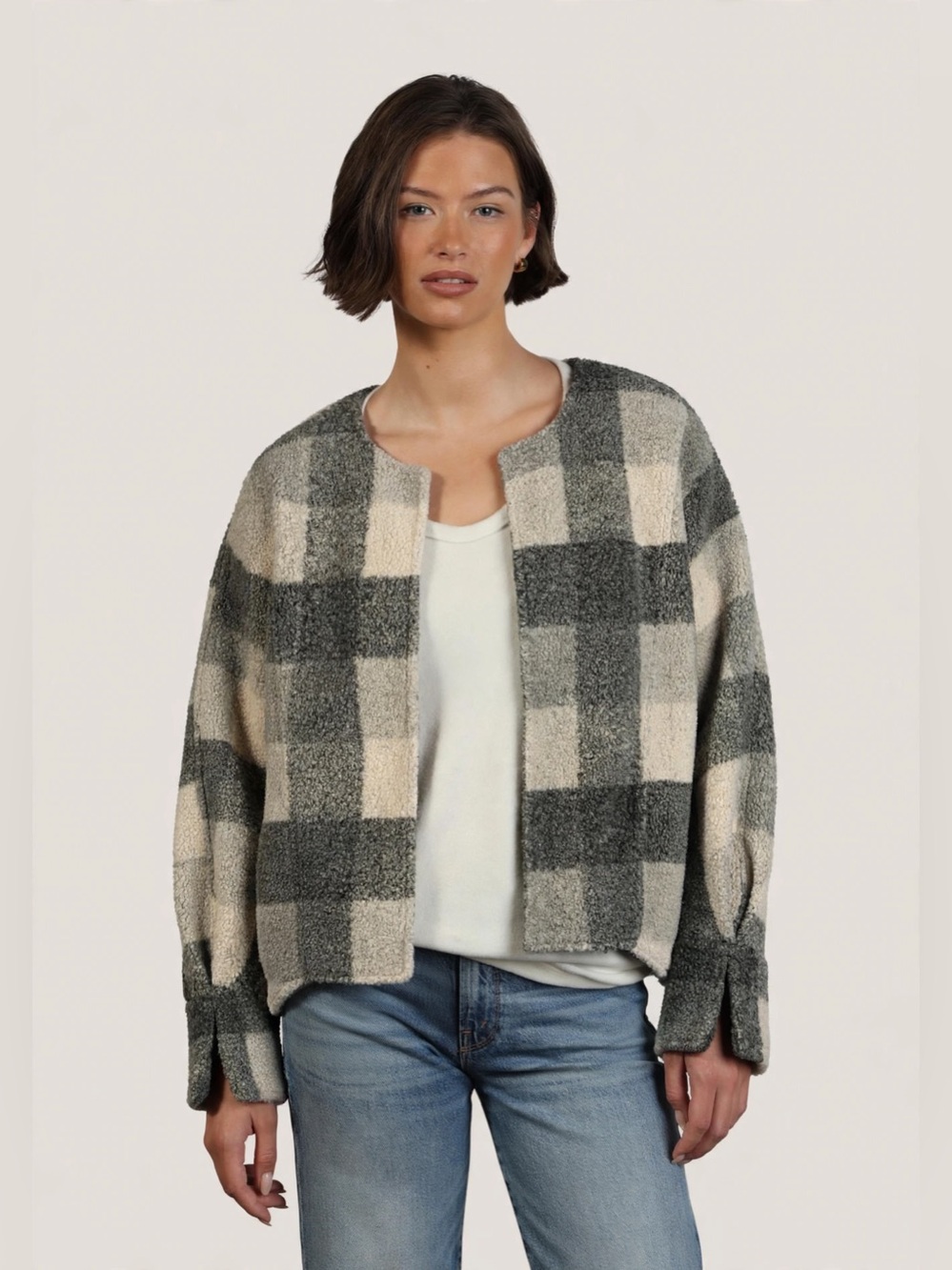 DYLAN Checked Bouclé Open Cardigan Sweater - XS